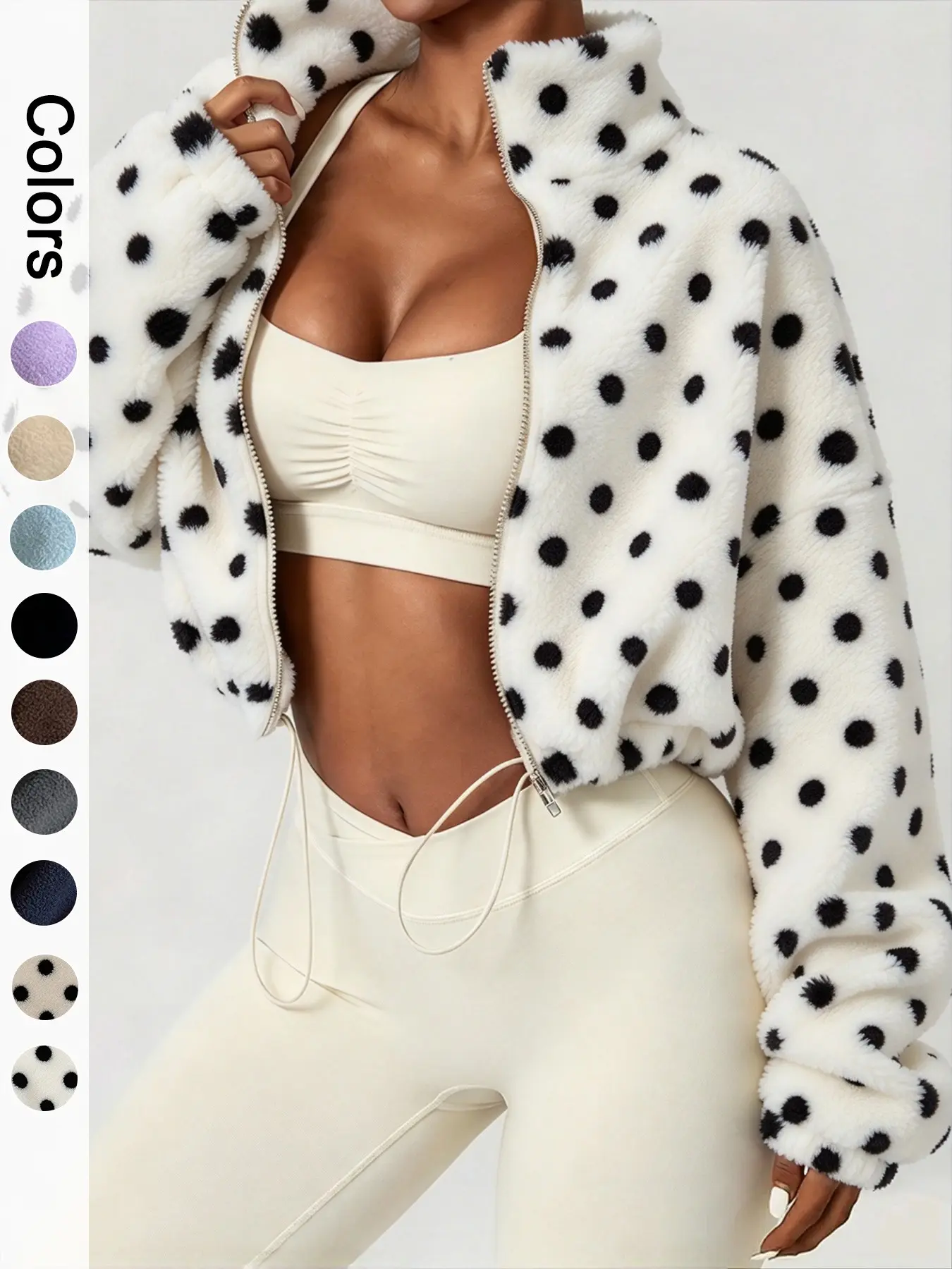 Women's Short Polar Fleece Zipper Sweatshirt, Casual Loose Fit Stand Collar Outerwear, Fall & Winter Fashion Top for Ladies