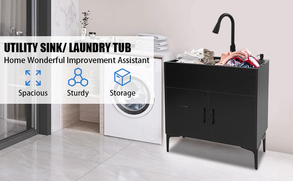 Laundry Utility Sink with Cabinet & Pull-Down Faucet Freestanding Stainless Steel Utility Sinks with 2 Doors Deluxe Bouble Kitchen Sink Wash Station Tub for Laundry & Kitchen, Bathroom(Black)