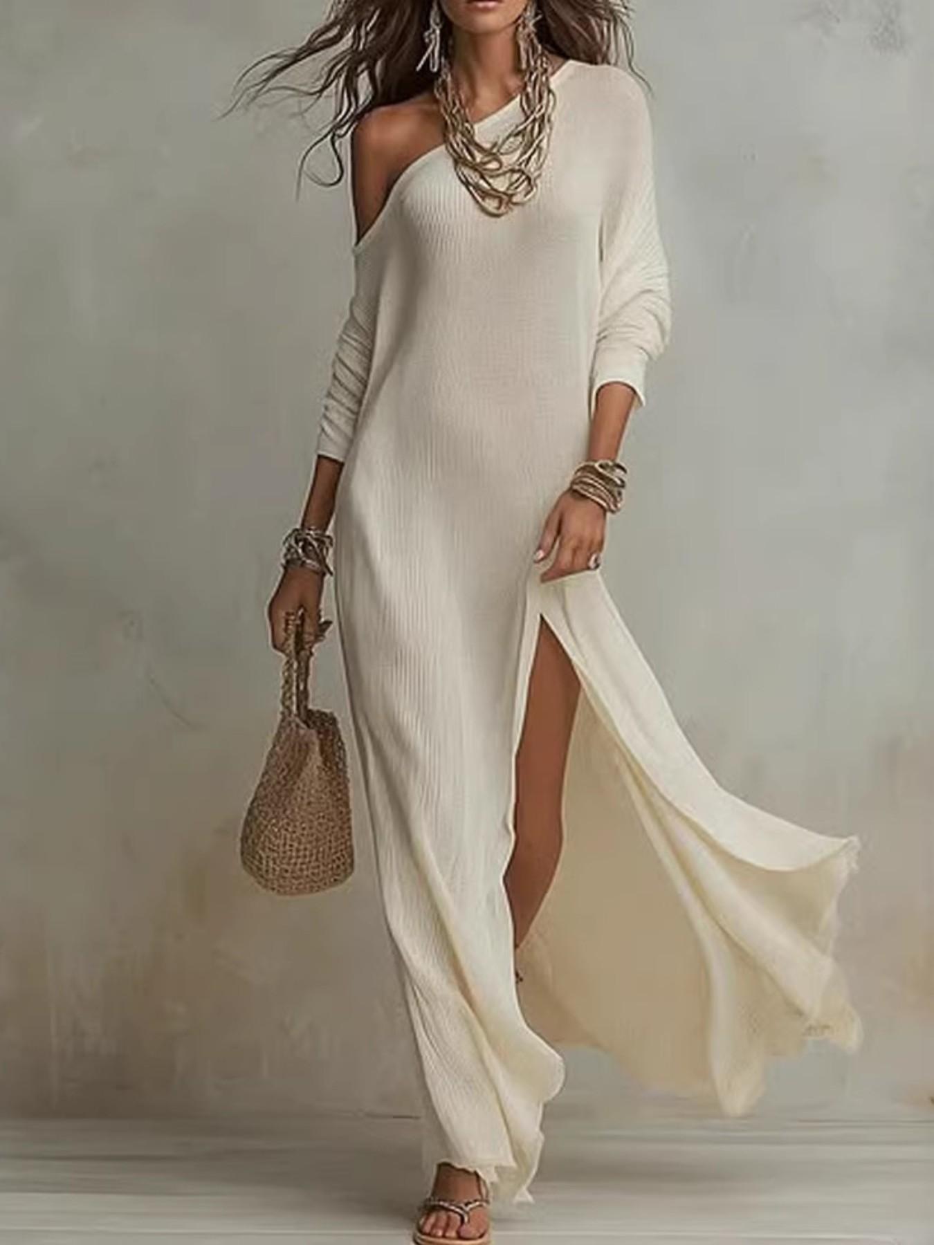 Elegant Chic Asymmetrical One-Shoulder Long Dress for Women, Summer Beach Vacation Style, Split Design, European and American Fashion, Elegance