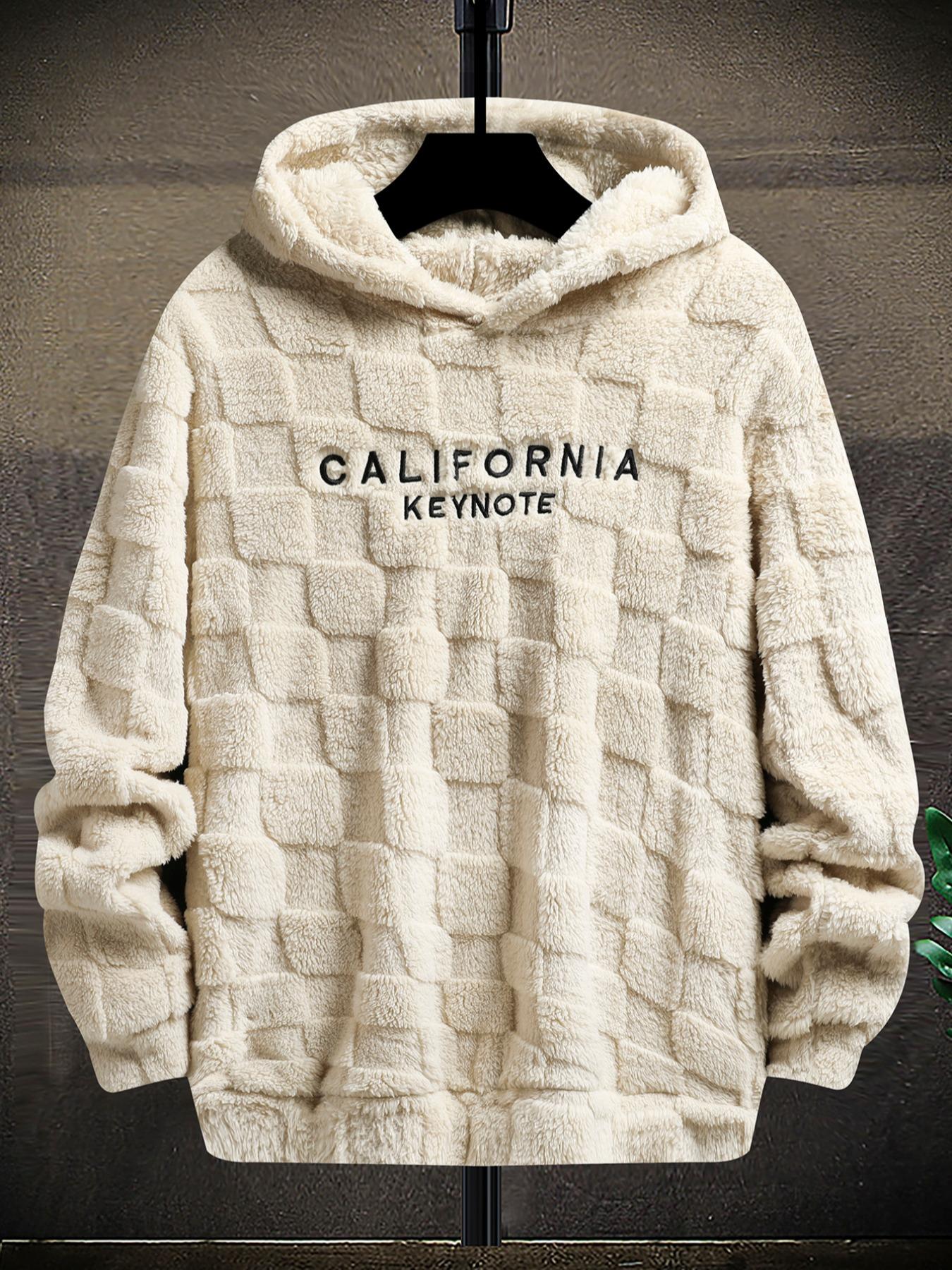 Men's California Keynote Embroidered Pullover Hoodie Fuzzy Warm Lining for Cold Days & Fall Relaxed Fit Drop Shoulder Design Machine Washable Cozy Interior Casual Fabric Christmas Embroidery Relaxed Fit Stretch Sweatshirts Textured