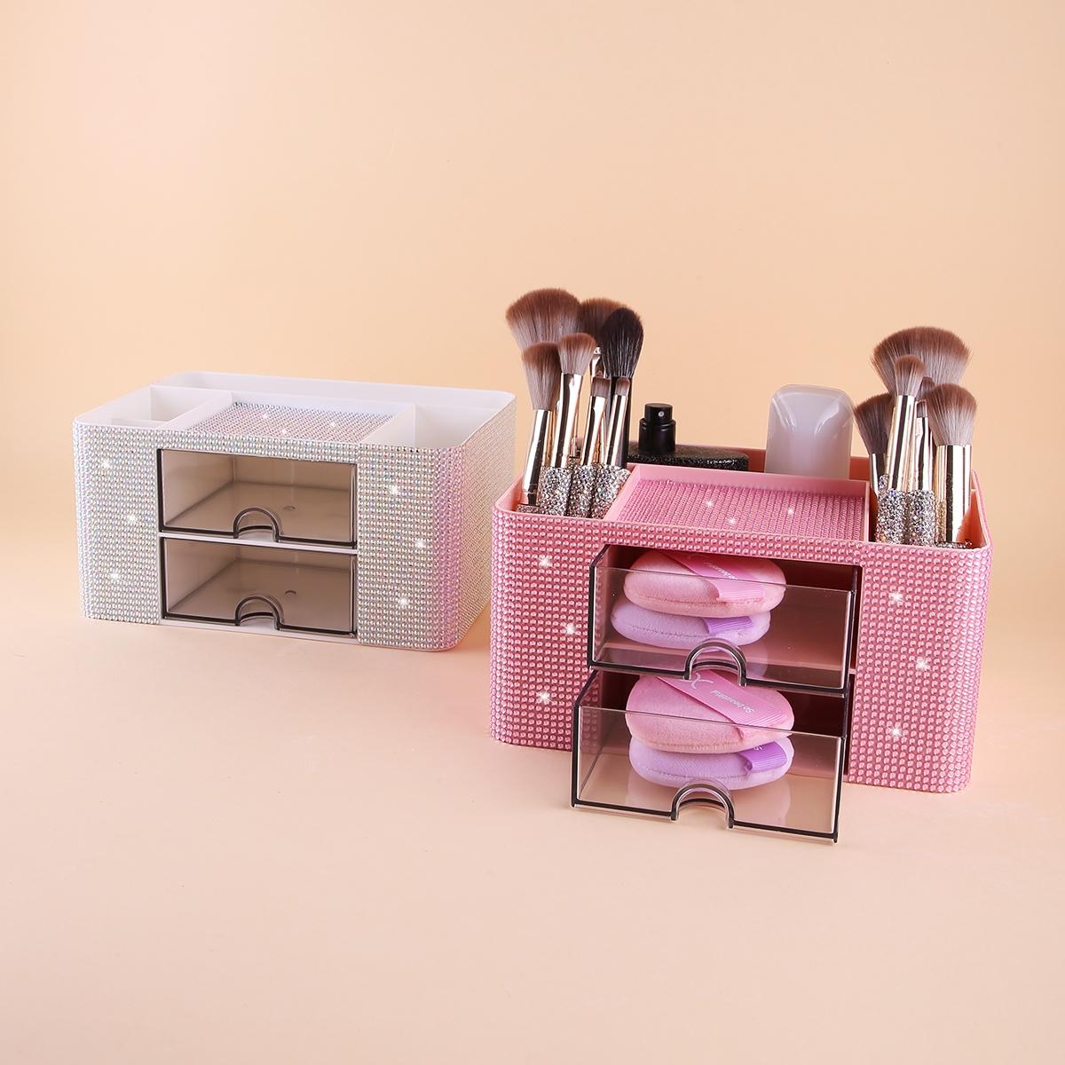 Diamond Embellished Storage Box with Drawer, Multi-Compartment Design, Makeup Brush Organizer, Cosmetic Holder, Bedroom Vanity Tray