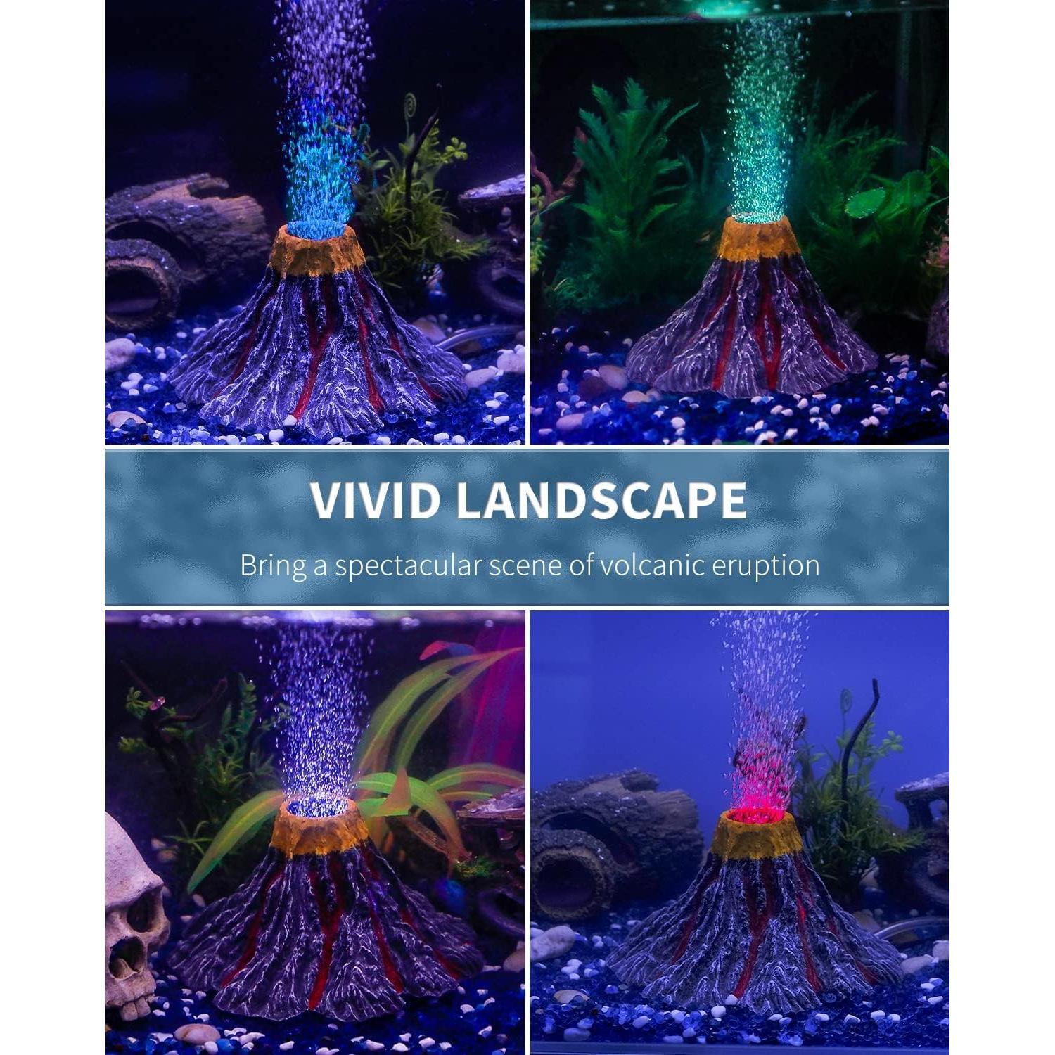 Aquarium Volcano Ornament Kit Realistic  Volcanic Decoration with Air Stone Bubbler Colorful LED Light Decor for Fish  Landscape Addition and Oxygenation