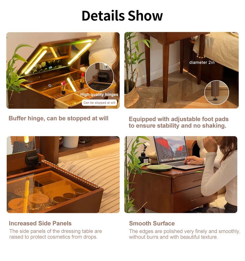 【HOT】Small Space Vanity Desk, 100% Solid Wood Makeup Table, Flip-Top Mirror with Lights, Space-Saving Makeup Table with Drawers, Adjustable Brightness, Elegant & Functional Vanity, Narrow Space Available