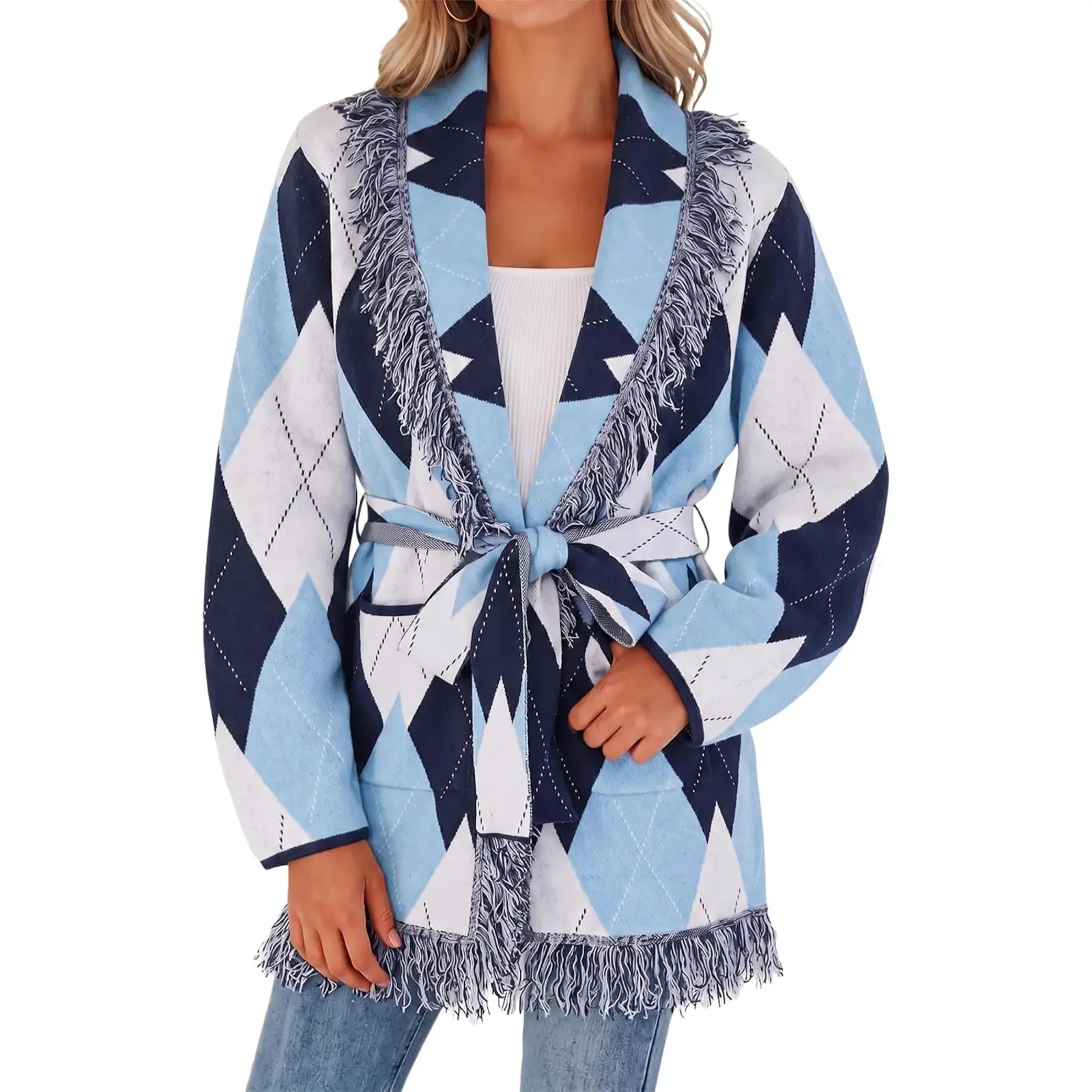 Cicy Bell Women‘s Fringe Argyle Cardigans Belted Open Front Knit Sweaters | Fall Tunic Sweaters for Women, long Sleeve, Casual Shawl Collar, Pockets, Daily Wear