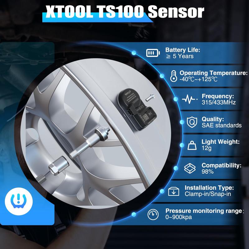 XTOOL TS100 Tire Sensor (315/433MHz), Programmable TPMS Sensor Replacement for XTOOL TP150/IP819TP Auto Parts Tire Pressure Monitoring System Car Accessories