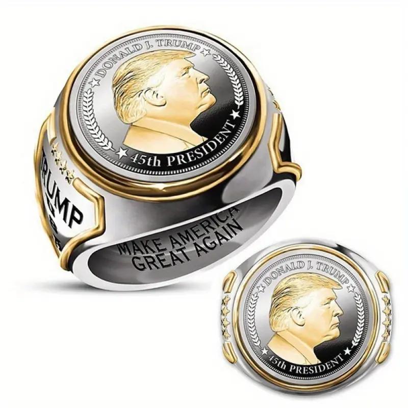 Trump President Ring - Vintage Two-Tone Zinc Alloy Men's Ring Featuring Portrait of US President and Inspiring Quotes engagementrings promise rings wedding ring set nugget ring engagement ring Custom Jewelry