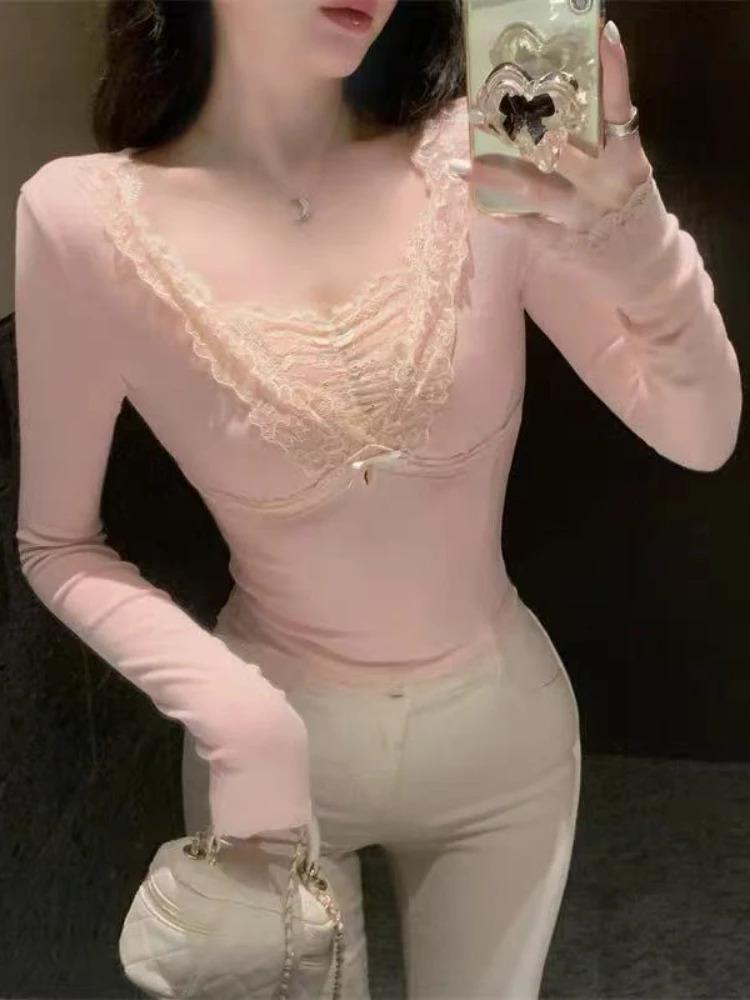 Pink V-neck Lace Edge Spliced Base Shirt Women Autumn Winter Inner Wear Elegant Fit Tops Harajuku Sweet Bow Casual Soft Clothes