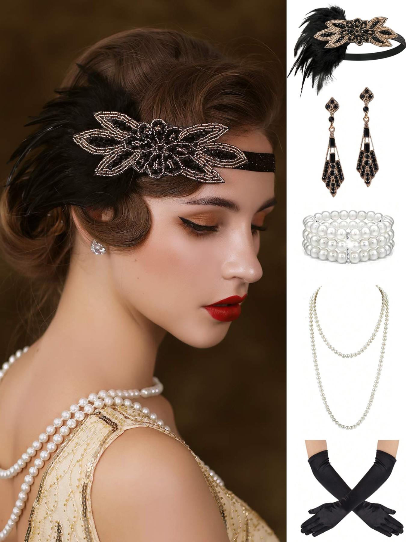 1920s Gatsby Accessories Set - 5 Pcs Costume Flapper Headpiece, Pearl Necklace, 1920s Flapper Accessories Set, Great Gatsby, Roaring 20s  main image 4