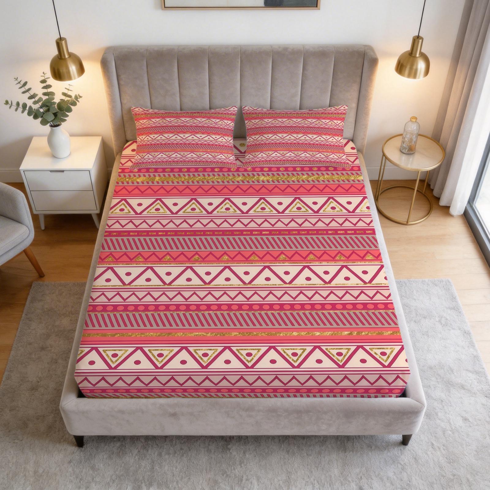 3-Piece Bohemian Style Patterned Bed Sheet Set, Boho Sheets, Including 1 Bed Sheet And 2 Pillowcases (Excluding Pillow Core), Comfortable Bedding, Non Slip Suitable For Bedrooms, Suitable For Children And Teenagers As Gifts And Decorations