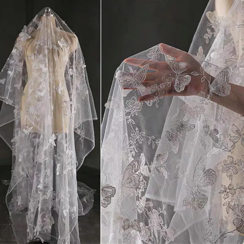 White floral embroidered tulle fabric, sheer mesh for wedding dresses, DIY crafts, and curtains
