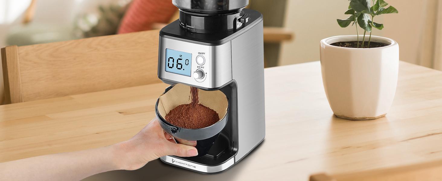 Homtone Conical Burr Coffee Grinder, Anti-Static Electric Espresso Grinder with 51 Precise Settings, Adjustable Coffee Bean Grinder for 2-12 Cups, Clog-Free, Digital Display Stainless Steel