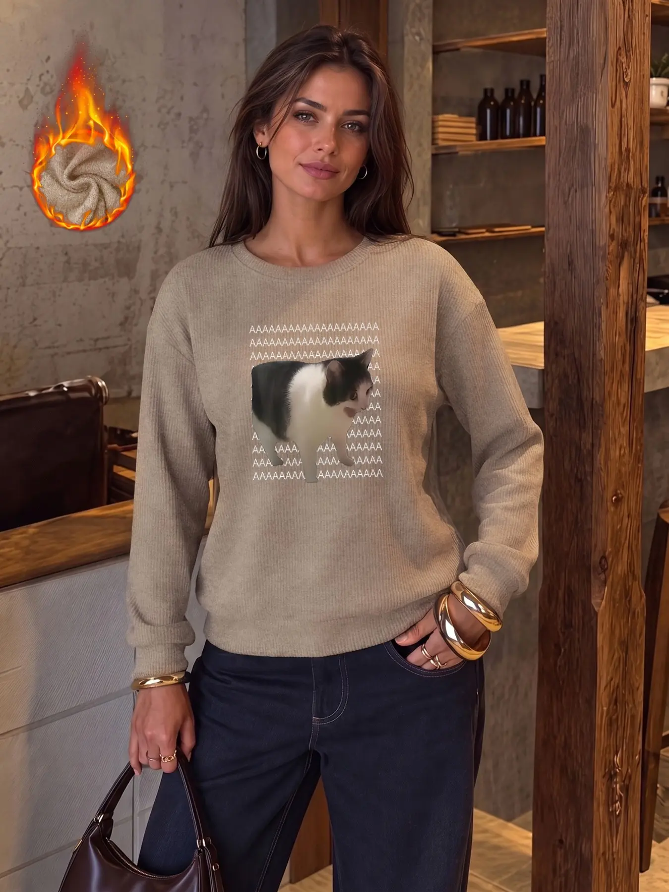 Cute Cow Cat Print Women's Casual Long Sleeve Top, Winter Warm Faux Fur Pullover, Halloween Pattern Shirt, Ladies' Winter Clothing