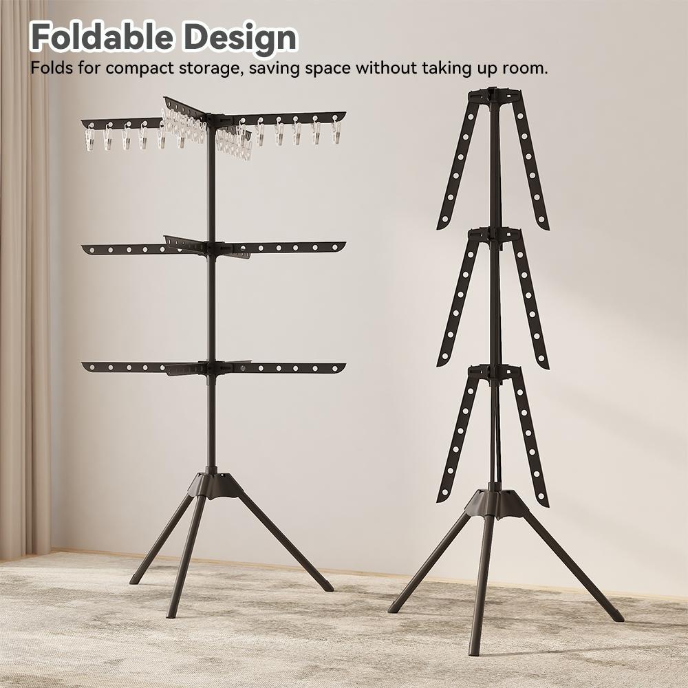 Space-Saving Foldable Tripod Clothes Drying Rack with 24 Clips, Ideal for Indoor, Poolside, RV Travel, Compact Laundry Stand, Lightweight Portability