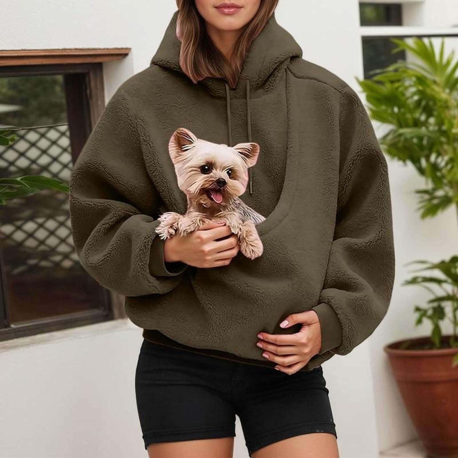 Pet Pouch Hoodie Winter Thick Waterproof Fleece Jacket for Small Cats and Dogs with Front Carry Pouch for Outdoor Use Normal Type