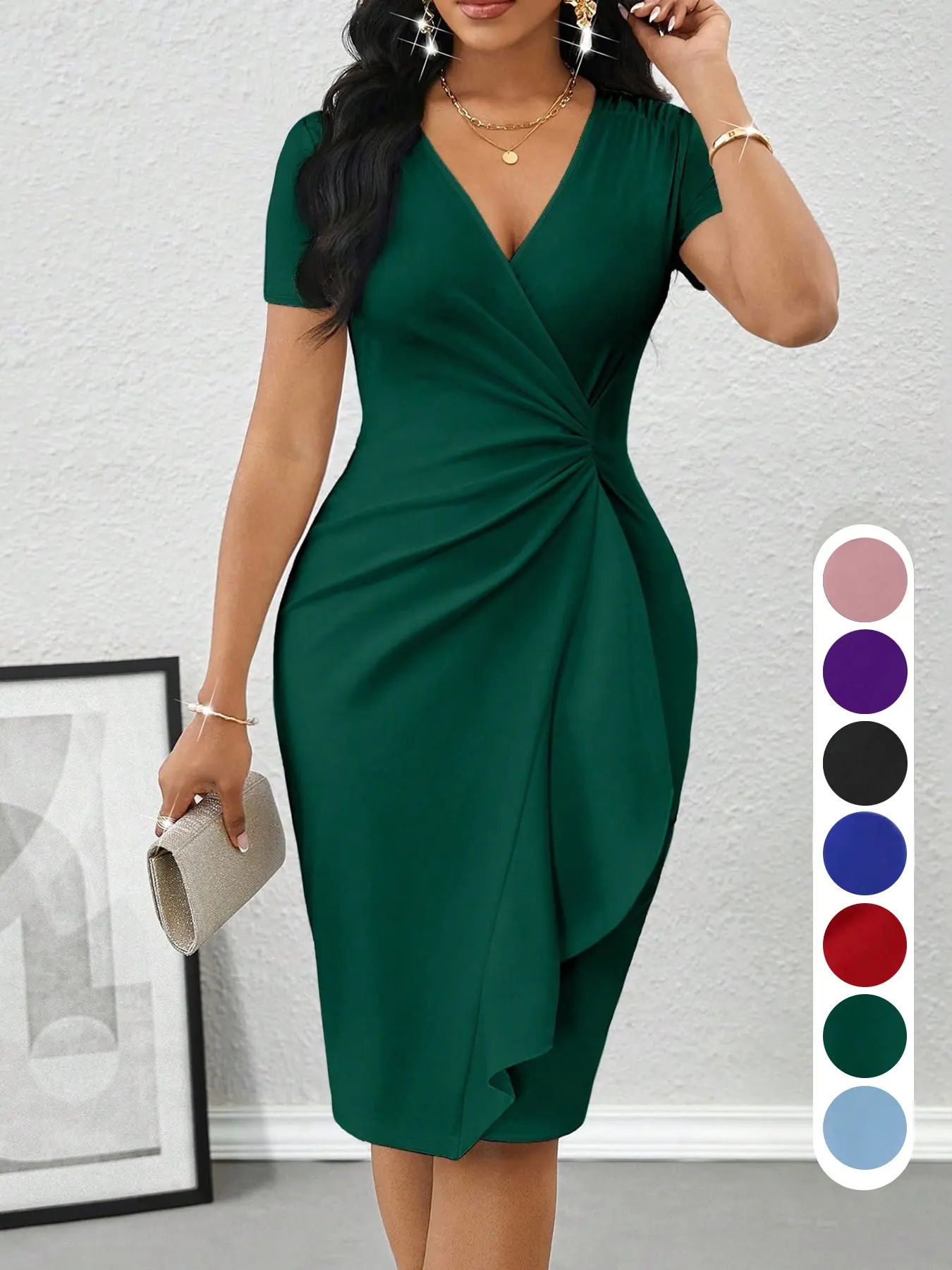 Spring Summer Knot Bodycon Party Dress, V Neck Ruffle Wrap Midi Dress, Waist Cinch Wrinkle Slim Design, Formal Dress for Evening Events