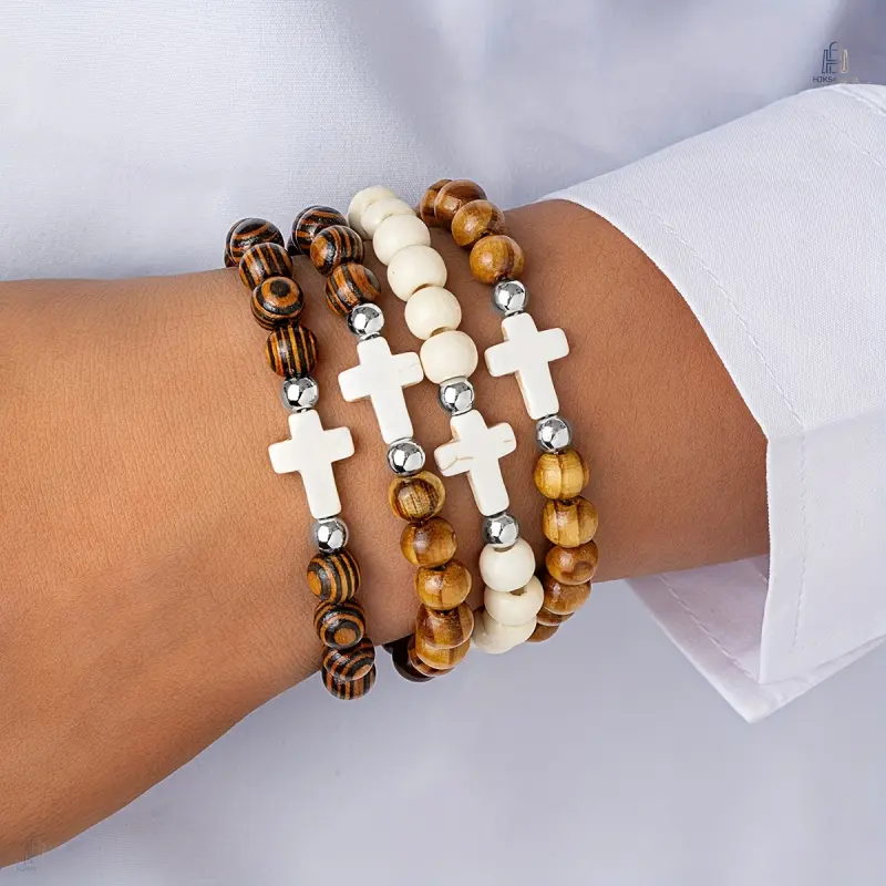 4Pcs Ethnic Pattern Wooden‑Bead Bracelet Set, Cross Charm Stackable Stretch Bracelets, Unisex Couple‑Style Wrist Jewelry for Men, Daily Wear & Gift‑Giving Occasions