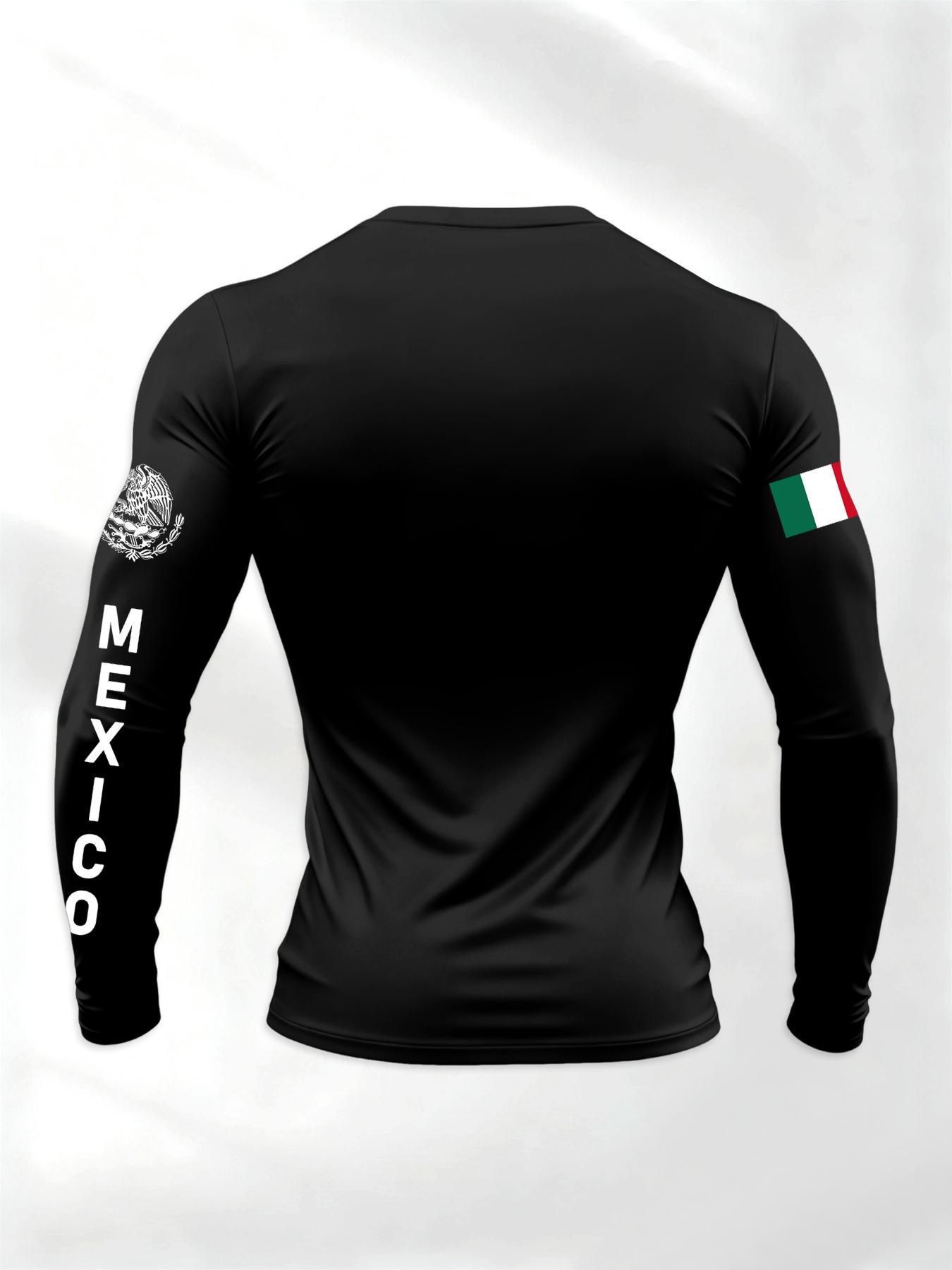 Men's Sporty Round Neck Long Sleeve T-Shirt for Spring & Fall, Athletic T Shirt, Mexican Eagle Snake Letter Pattern, Comfortable Streetwear