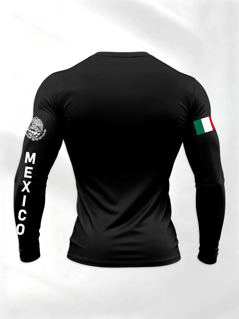 Men's Sporty Long Sleeve T-Shirt, Spring & Fall Fashion Round Neck, Mexican Eagle Snake Letter Pattern, Comfortable Streetwear, Athletic T Shirt