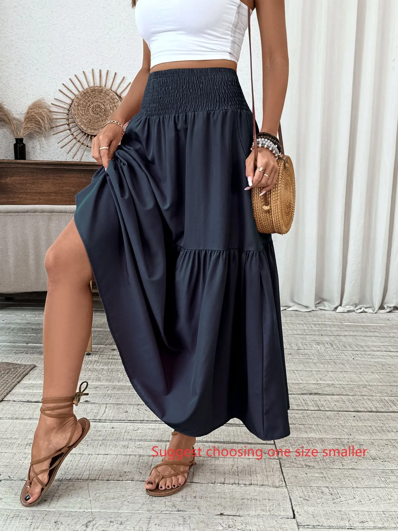 Women's Casual Ruffled Hem A-Line Skirt, Elastic Waist Pockets Long Skirt, Fashionable Shirred Skirt