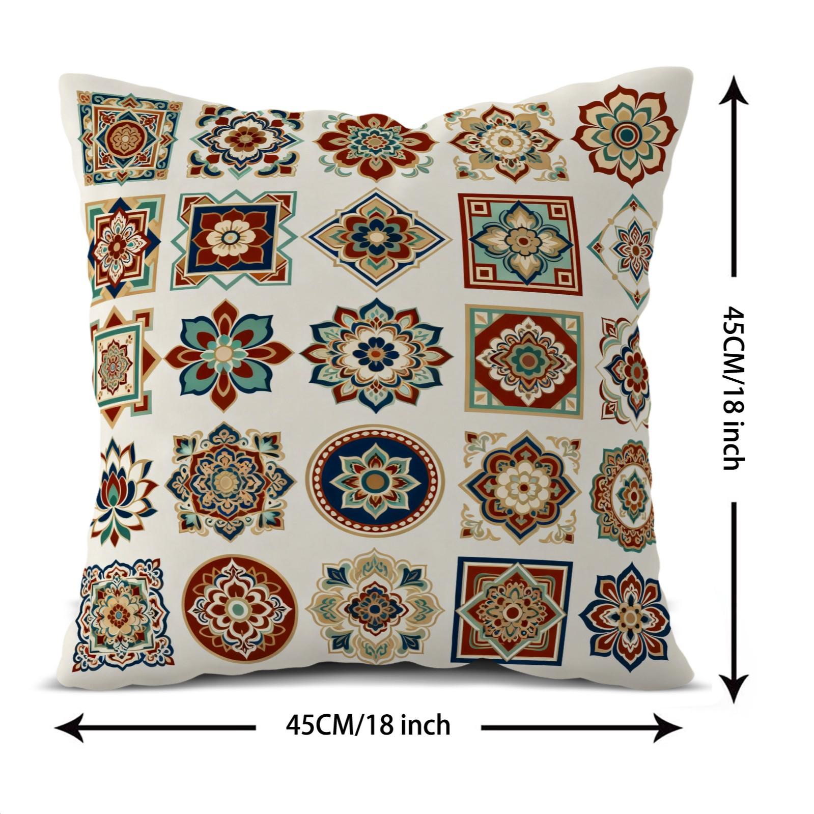 1 Pack 18×18 Inch Boho Mandala Throw Pillow, Vintage Floral Accent Cushion, HD Digital Print Decorative Pillow, Non-Fade Home Decor Pillow for Sofa, Bed, Living Room, Bedroom