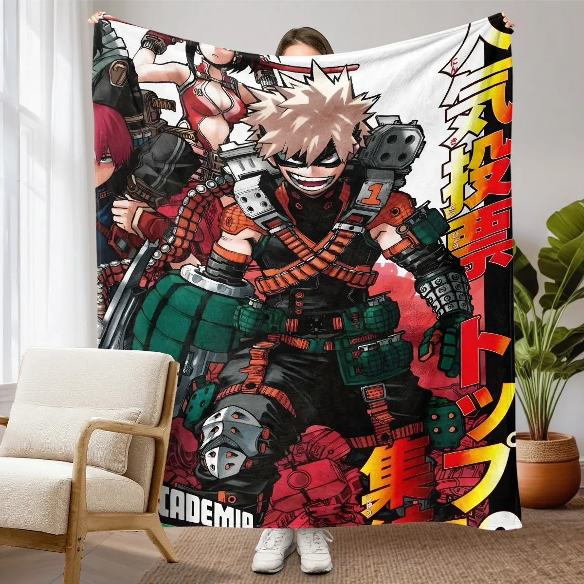 1pc Red Black Bakugo Katsuki My Hero Academia Anime Themed Flannel Blanket, Full Print Spiky Hair Bakugo Katsuki, Explosion Gear Armor, Red Green Combat Protective Gear, Todoroki Shoto Figure, Momo Yaoyorozu Character, Japanese Manga Lettering, HERO ACADE