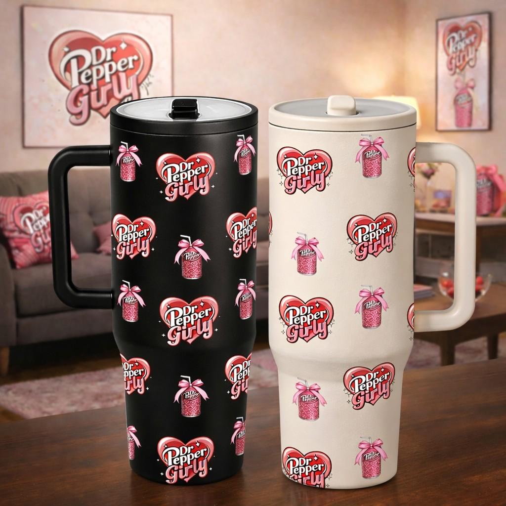 40oz Insulated Tumbler With Handle, Drinkware, Dr Pepper Girl All Over Print Thermal Mug, Soda Aesthetic Design, Double Wall Vacuum Cup For Hot Cold Drinks, Leak Resistant Lid, Birthday Valentine Mother’s Day Gift For Women Friend