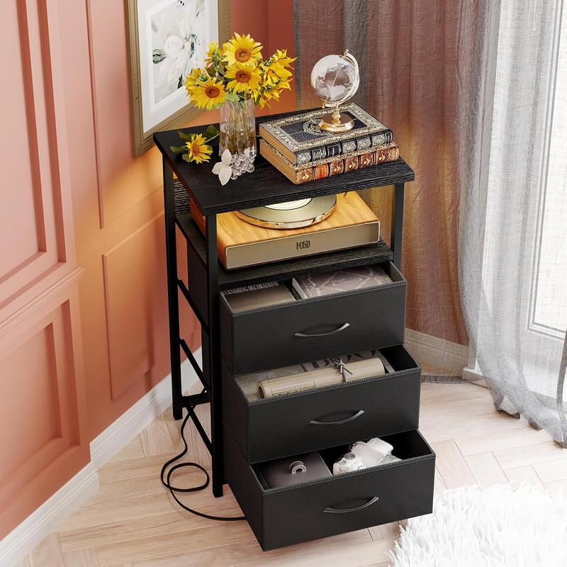 Night Stand with Charging Station, LED Nightstand with U-S-B Ports and Outlets, 3 Fabric Storage Drawers with PU Finish, Bedside Table, Black Night Stand with Charging Station, LED Nightstand with U-S-B Ports and Outlets, 3 Fabric Storage Drawers with PU Finish, Bedside Table, Black