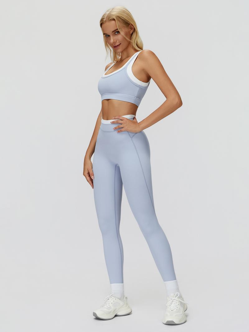 Women's Two-Piece Colorblock Yoga Set, High-Waisted Ribbed Casual Fitness Sportswear, Versatile for Gym Workout