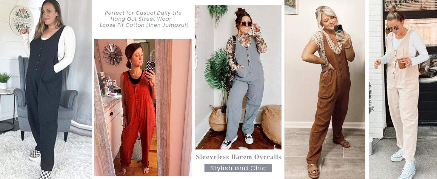 YeeZaa Women's Overalls Linen Cotton Jumpsuit Loose Casual Pullover with Pockets