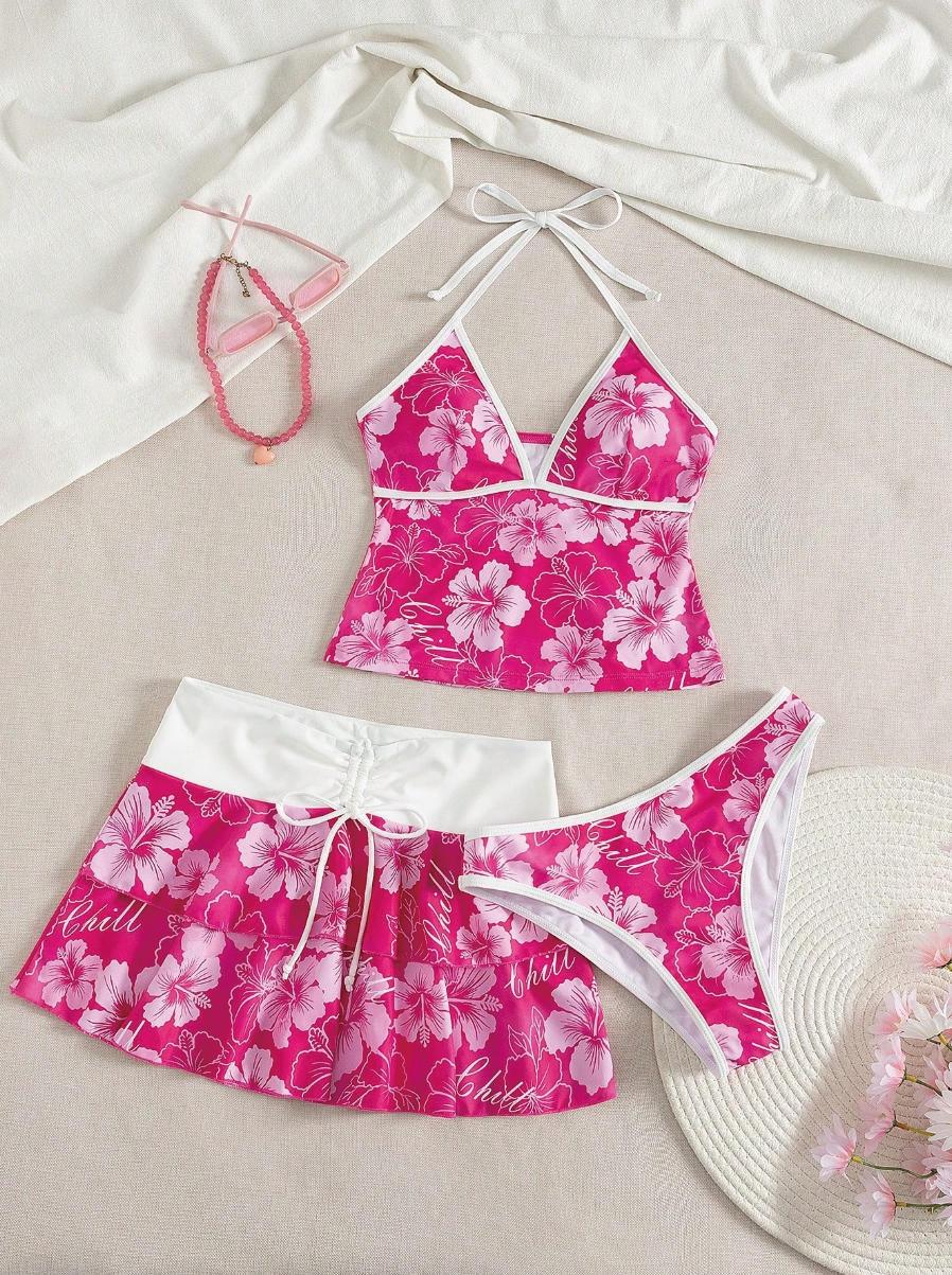 Women's Summer Beach Festival Print Halter Bikini Set, Casual Vacation Style, Fitted Tank Top and Skirt Three-Piece Suit, Tankini Sets