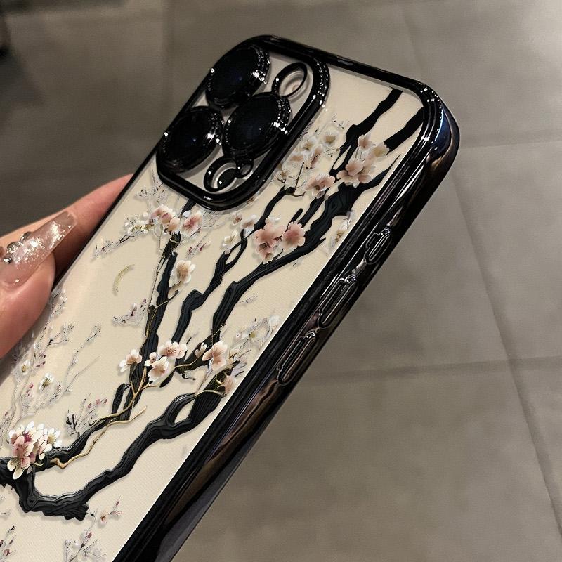 White cherry blossom tree Blooming Pattern Electroplated Mobile Case Camera Lens Protection wildflower cases for iphone 17 16 15 Pro max case 14 13 12 11 XS Plus Shockproof and non-slip silicone transparent acrylic mobile phone protective film iphone 15