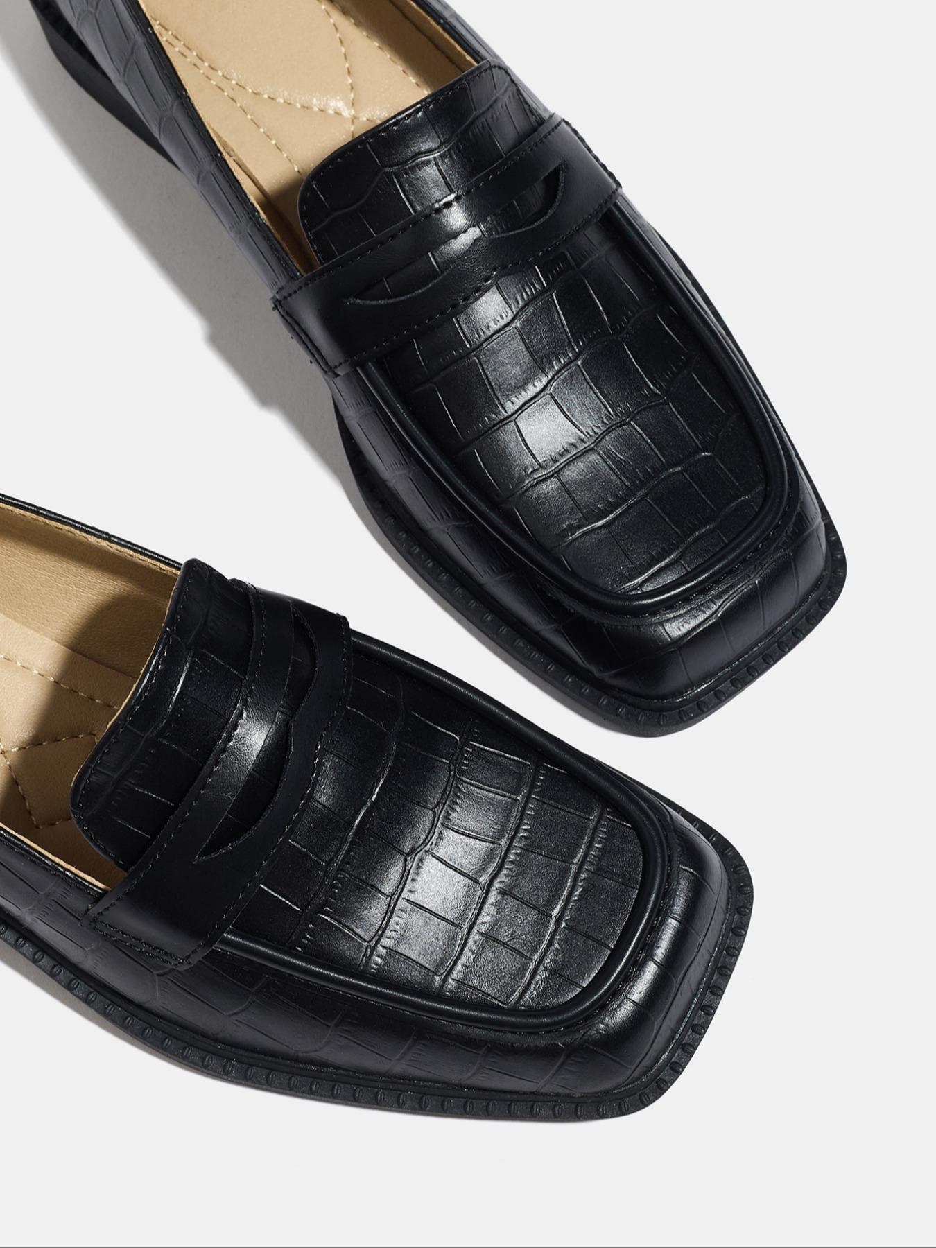 Women's Fashion Fall New Thick Sole Square Toe Soft PU Leather Shoes, Slip-On Comfortable Loafers for Work & Casual Wear