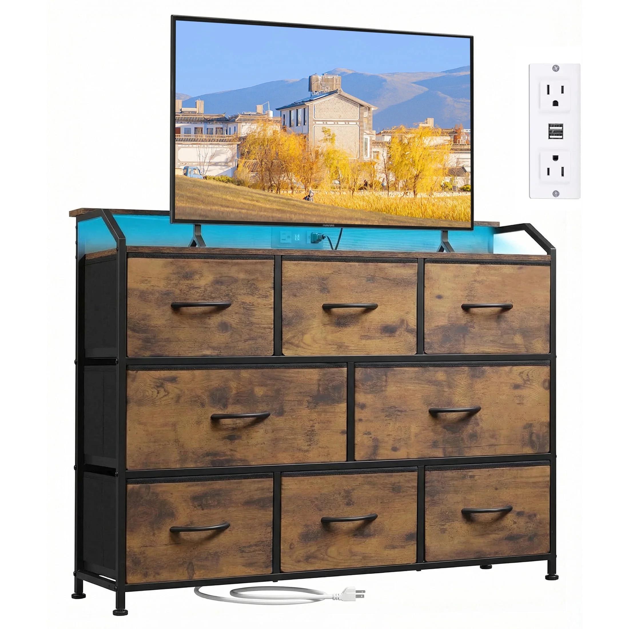 Fabric Drawer Dressing Table with Power Outlets and LED Lights, Multi-Functional TV Cabinet & Storage Cabinet with Built-in Electrical Sockets, Black Fabric Drawers with Metal Frame, Perfect for Bedroom, Living Room & Media Storage