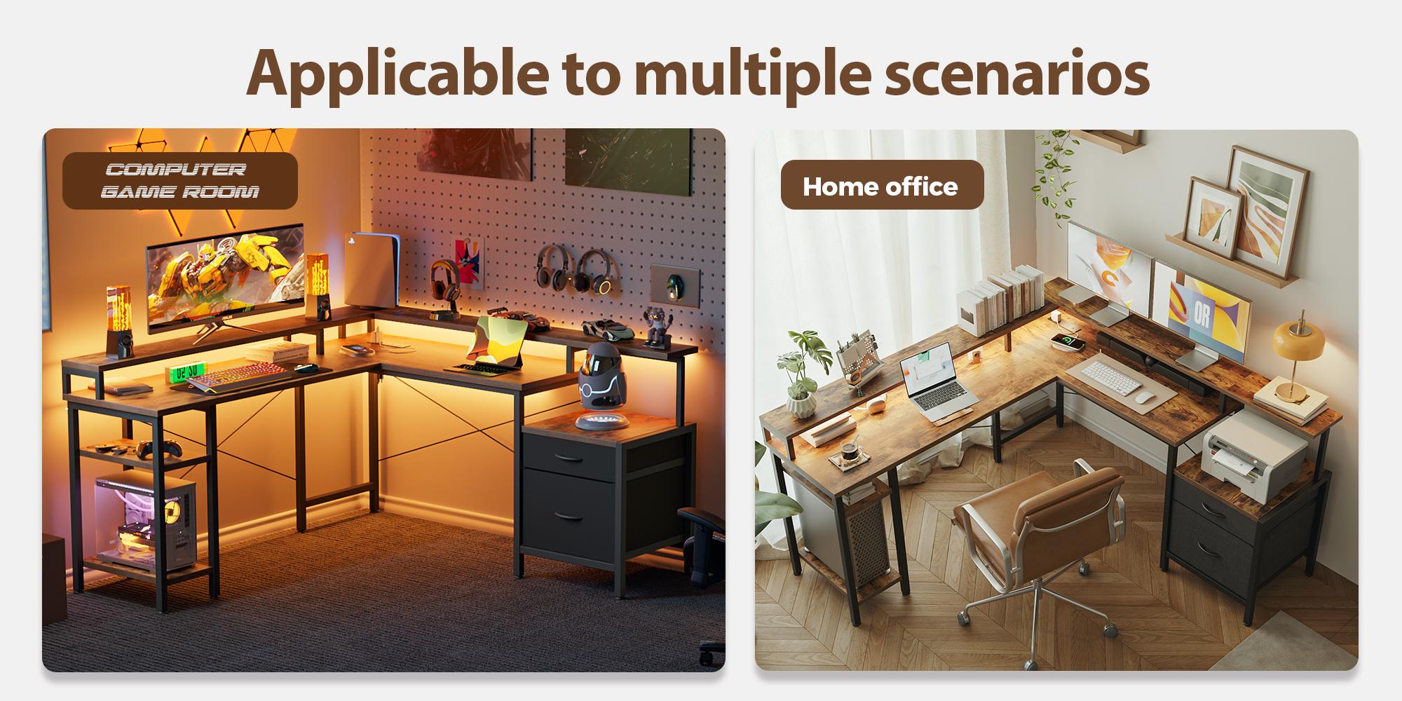 66.93" L Shaped Desk with Storage Drawers, Gaming Desk with Power Outlet & LED Light Strip,Computer Desk, Corner Desk with Shelves for Home Office Workstations