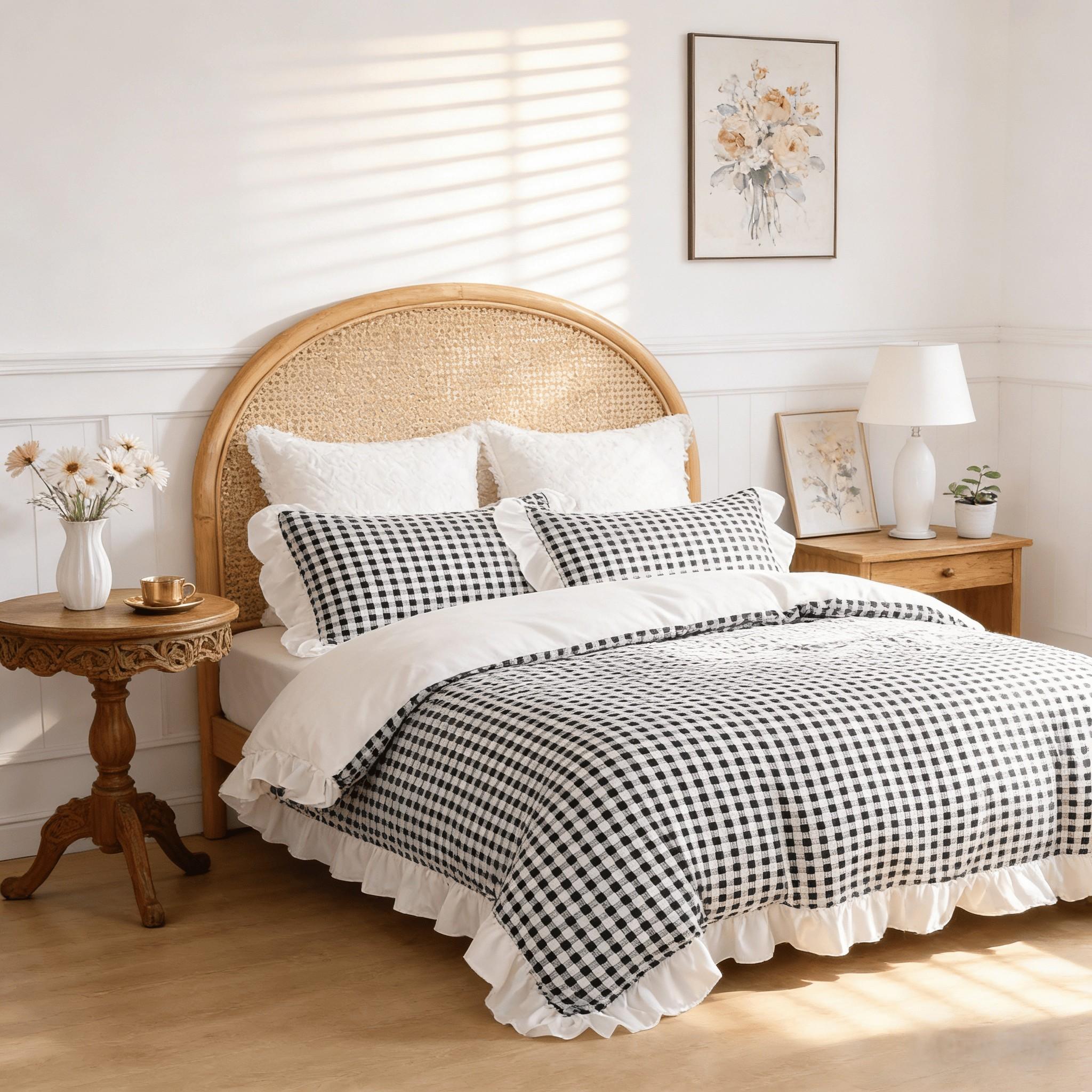 3Pcs Black White Gingham Duvet Cover Set, French Ruffle Vintage Design, Soft Skin-friendly Breathable Cozy, Ideal for Bedroom Dorm Home Decor Daily Use (No Filling, No Pillow Inserts)