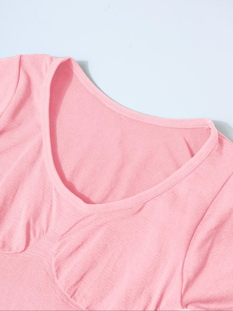 Women's Ribbed Abdomen Control Bodysuit, Long Sleeve Seamless T Shirt,Comfortable Scoop Neck Body Suit Stretchy Basic Tops, Fit Soft Elastic Fabric, Perfect For Daily Wear and  Going Out,Shapewear For All Seasons