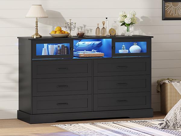 Hasuit | 47.2 Inch 6 Drawer Dresser with LED Lights and Charging Station Farmhouse Chest of Drawers Closet Organizer, Clothes Storage Cabinet