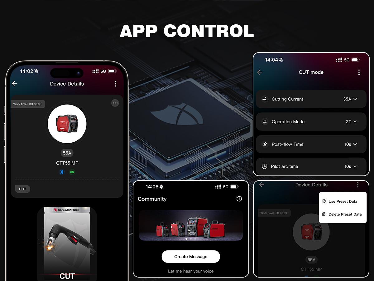 ARCCAPTAIN iControl [Non-HF] Plasma Cutter CUT55 MP with APP Control, 55Amp Blowback Pilot Arc, 120V/240V, Upgraded LED Display, Grid Cutting, Rust Removal, Plasma Gouging, Pressure Detection