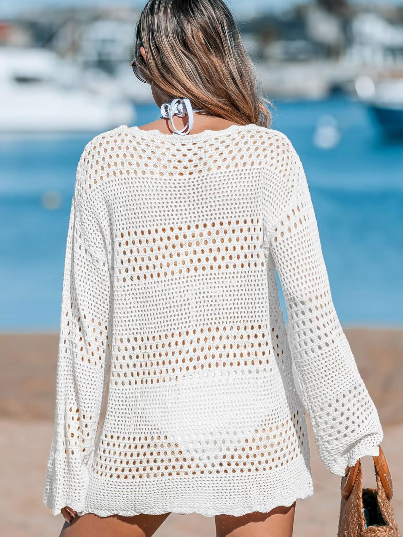 Women's Sexy Crochet Beach Cover Up - Long Sleeve Hollow Out Knit Tunic Dress for Swimwear Bikini Summer Vacation