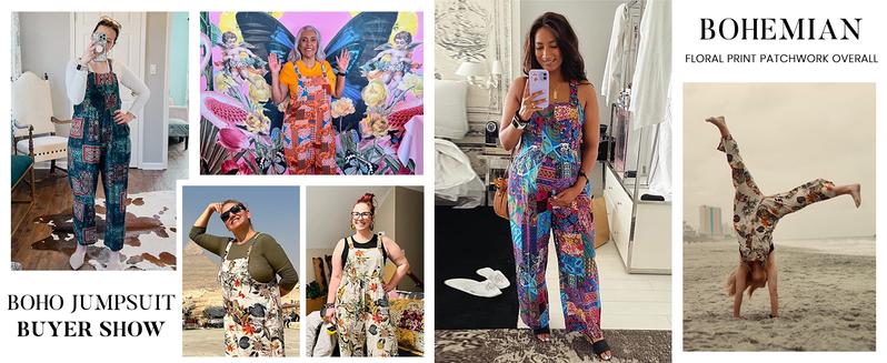 Tanming Women's Patchwork Dual Pocket Jumpsuit Loose Floral Print Bohemian Wide Leg Bib Overall Springfresh