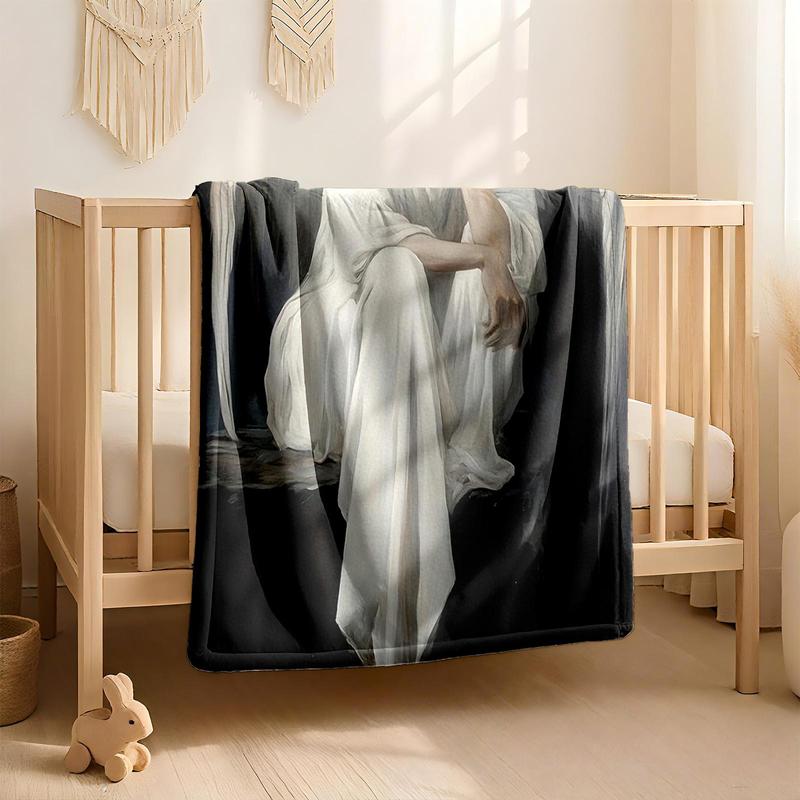 1 piece White-clad angel wings in contemplation themed flannel blanket - Oversized fluffy flannel sofa blanket, suitable for beds and sofas, modern design, all-season use, digitally printed pattern, 100% polyester material, machine washable