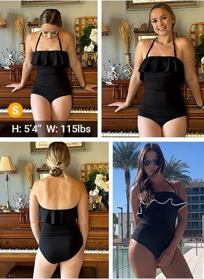 Holipick Black Strapless One Piece Swimsuits for Women Tummy Control Bandeau Bathing Suits Ruffle Slimming Swimwear