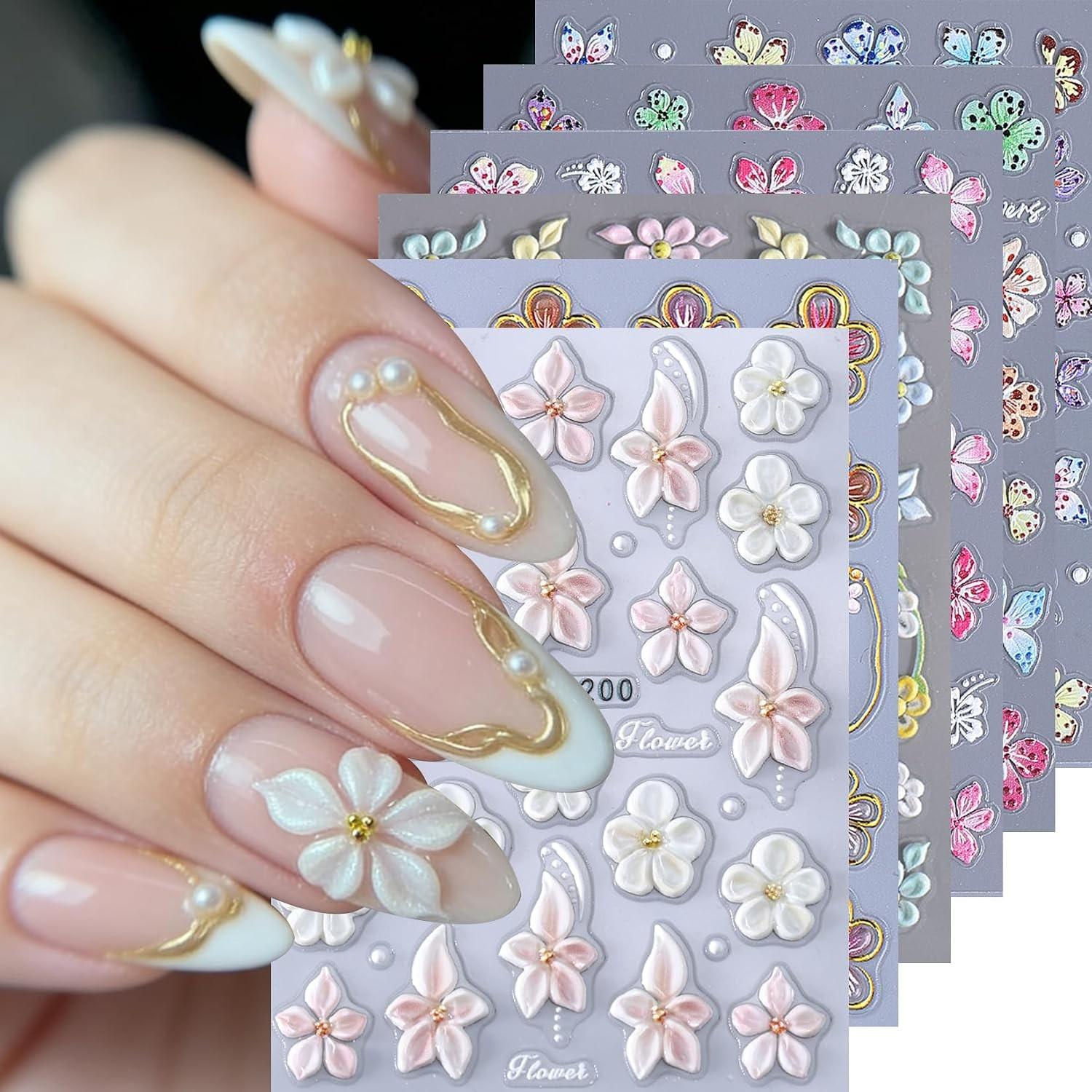 6PCS 5D Flowers Embossed Hibiscus Nail Stickers, Self Adhesive Summer Spring Flower Nail Art Decoration for Women, White Pink Hawaiian Floral Petals Nail Art Decoration