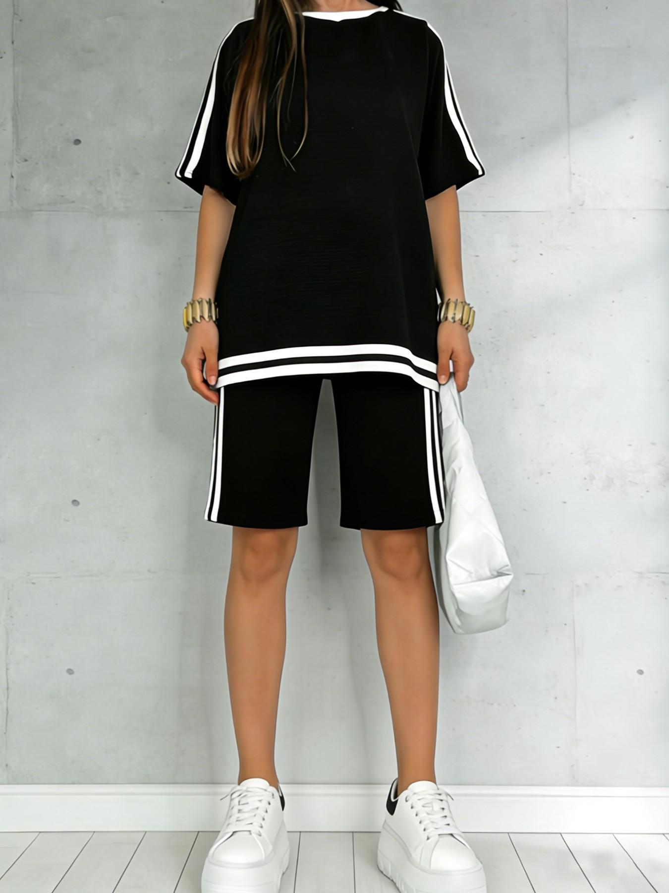 Women's Casual Sportswear Set, Pure Color Round Neck Short Sleeve T-Shirt, Split Hem Top and Striped Shorts, Spring Summer Two-Piece Suit