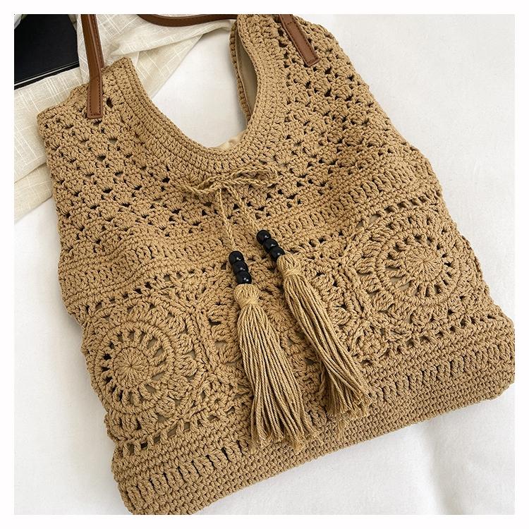 Women's Bohemian Straw Bag, Summer Beach Resort Shoulder Tote, Large Capacity, Hollow Out Design, Fringe Detail, French Style, Commute Friendly
