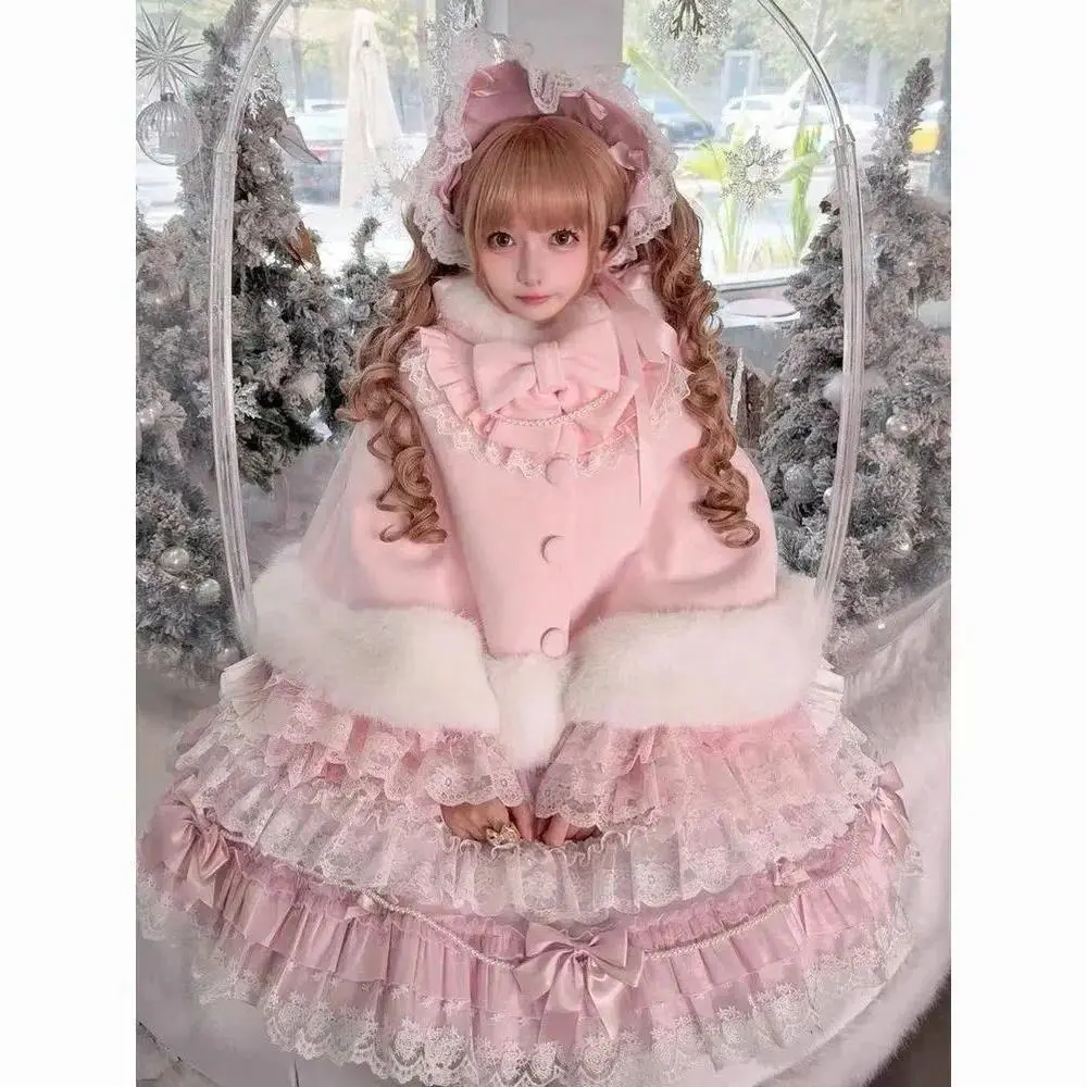2025 Winter Japanese Sweet Elegant Woolen Coat Women Soft Lolita Furry Design Short Jacket Female Princess Chic Loose OverCoat