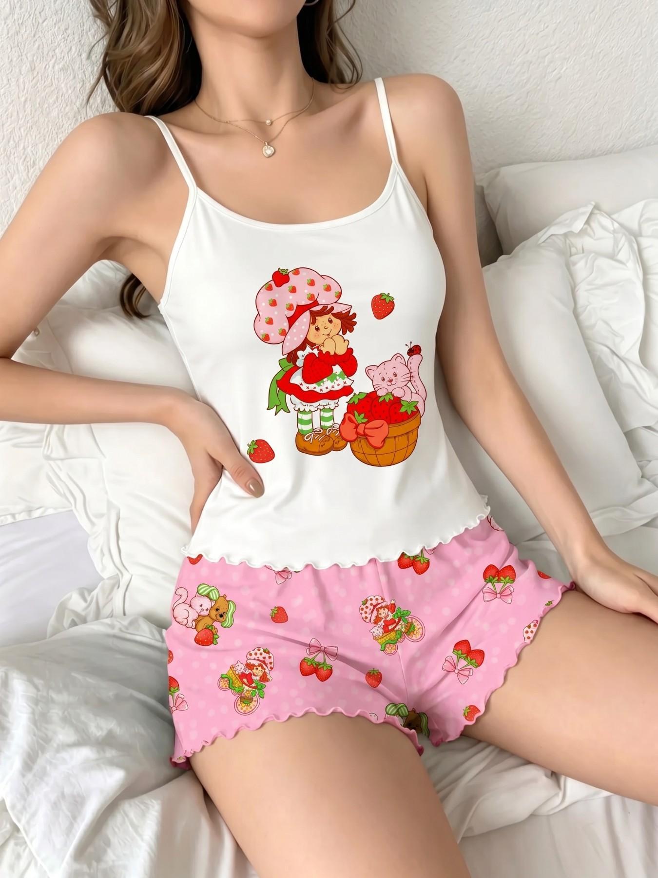 Summer Women's Pajama Set 2-Piece Camisole Panties Set, Sleeveless Casual Fitted Sleepwear, Strawberry Girl Print, Comfortable Home, Loungewear