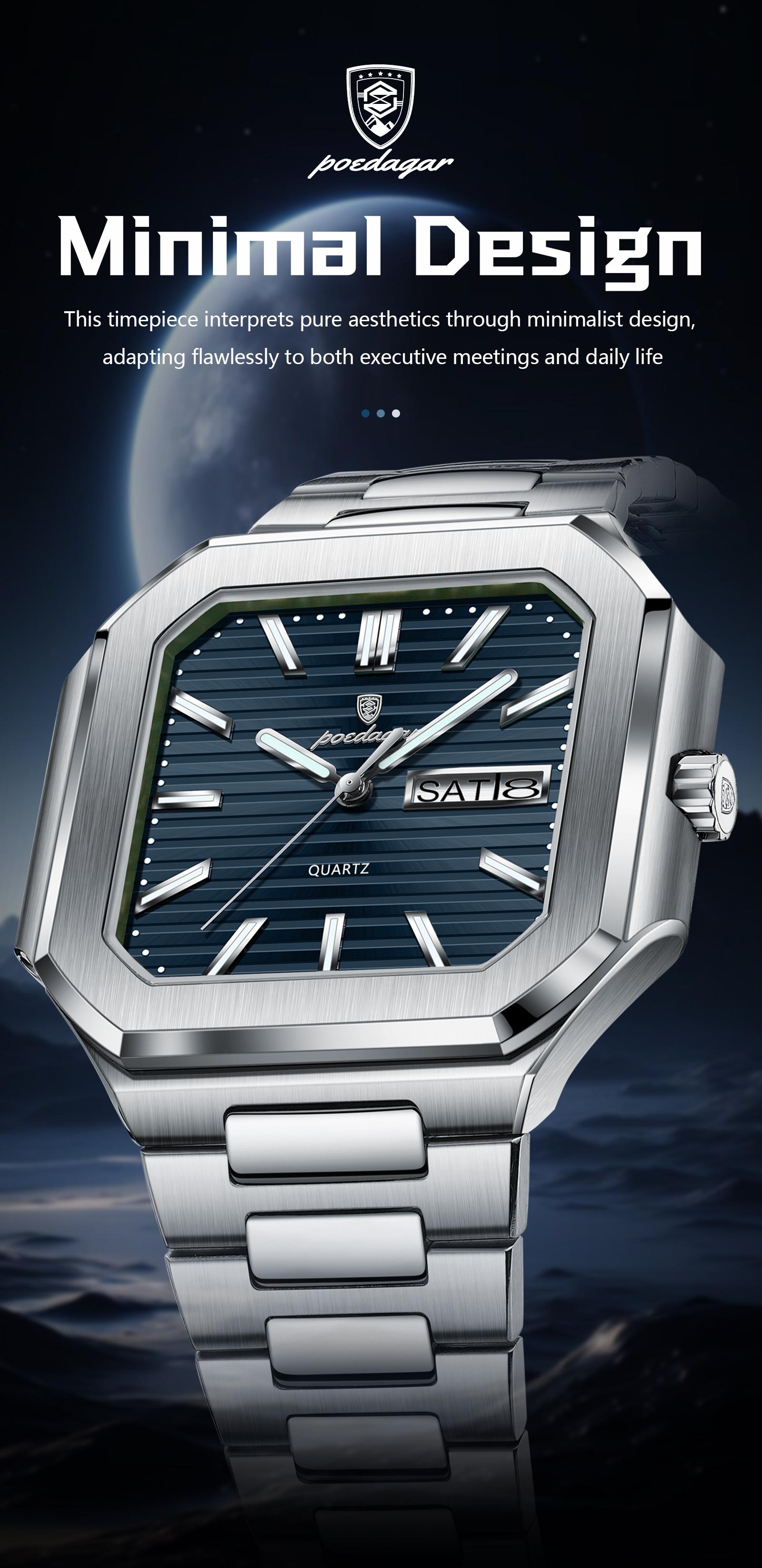 Poedagar square luxury fashion men's waterproof quartz watch, with luminous date and day display, stainless steel men's watch Square dial wristwatch