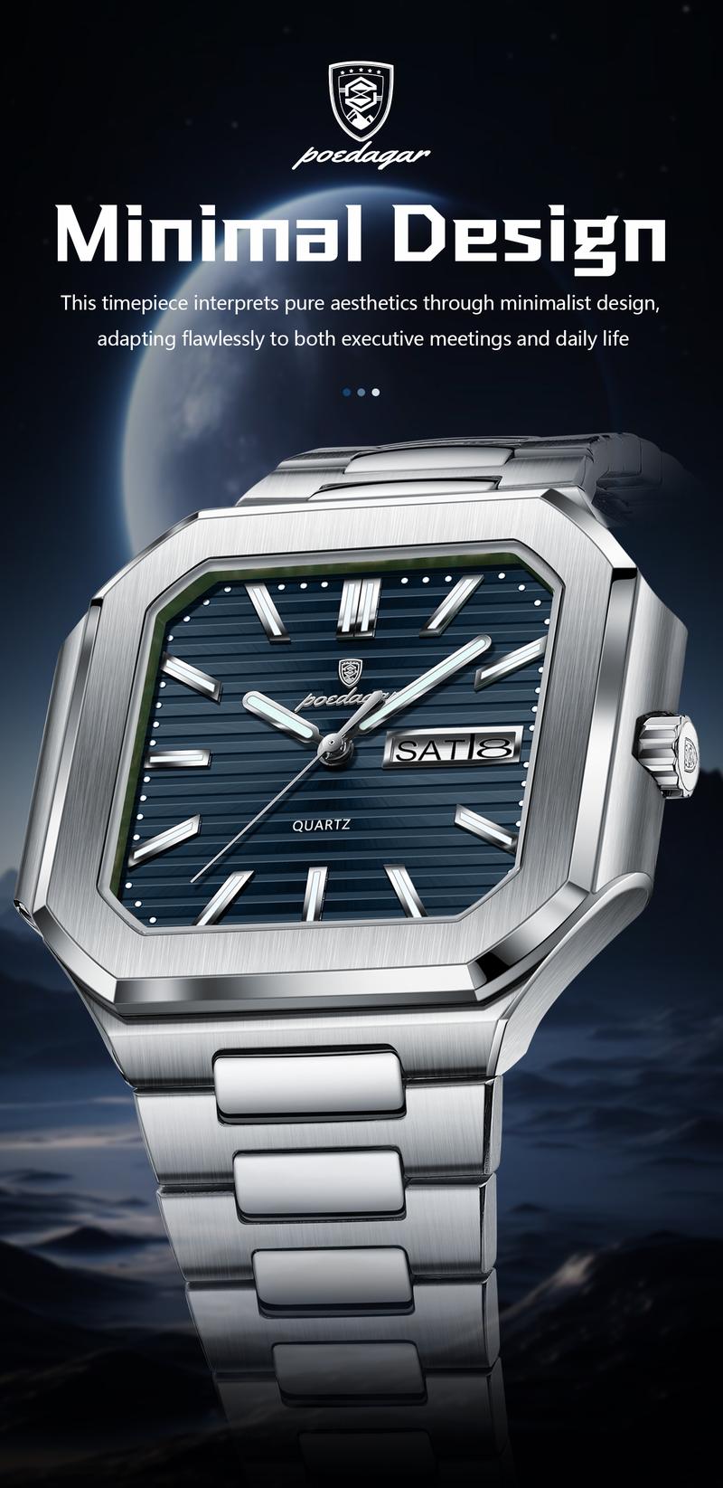 Poedagar square luxury fashion men's waterproof quartz watch, with luminous date and day display, stainless steel men's watch Square dial wristwatch