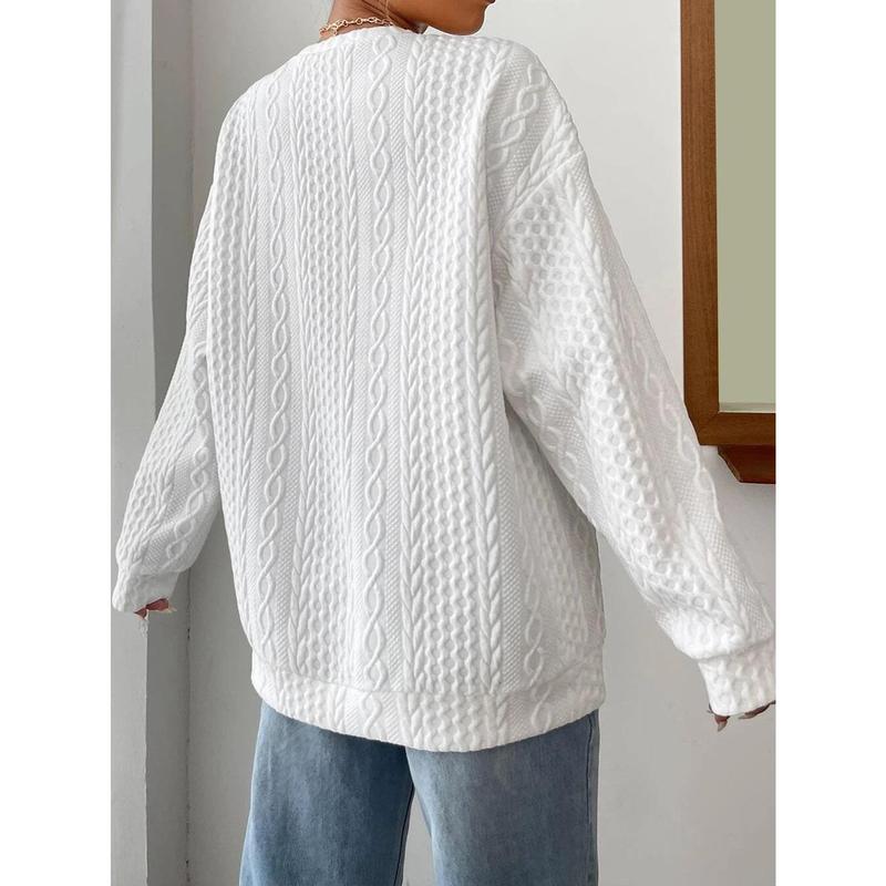 SCACTO Women's Cable Knit Oversized Sweater - White Textured Pullover with Ribbed Details, Casual Boho Chic Top Crewneck Fabric